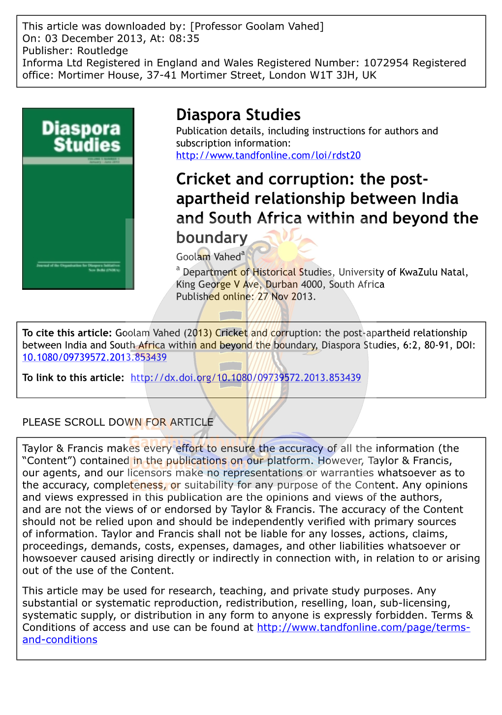Diaspora Studies Cricket and Corruption: the Post- Apartheid