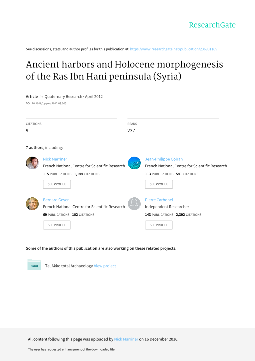 Ancient Harbors and Holocene Morphogenesis of the Ras Ibn Hani Peninsula (Syria)