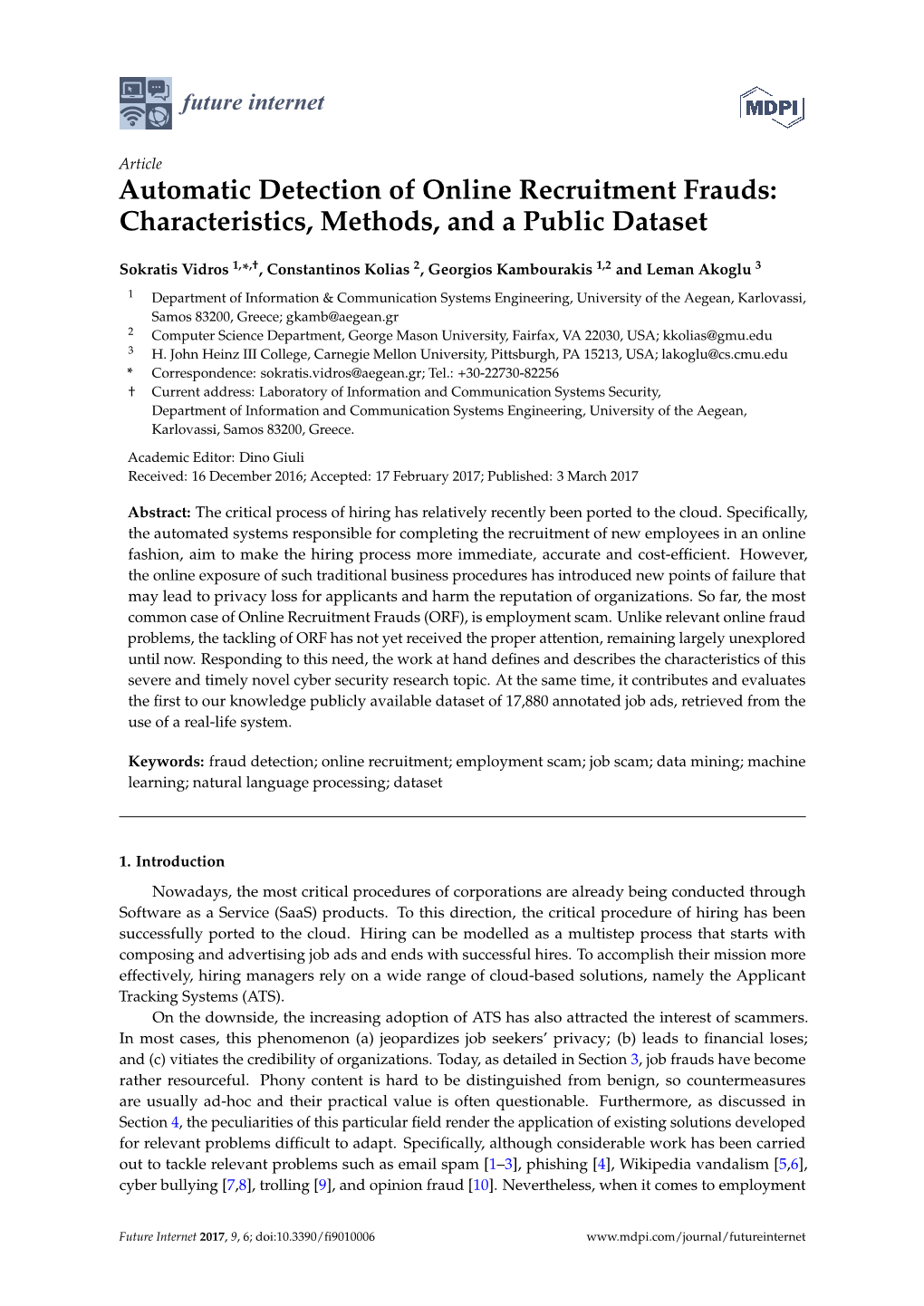Automatic Detection of Online Recruitment Frauds: Characteristics, Methods, and a Public Dataset