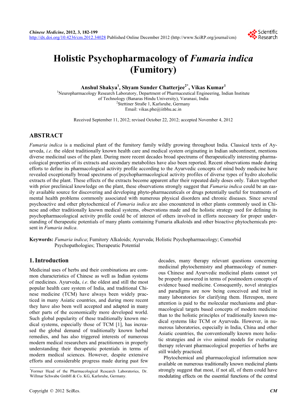 Holistic Psychopharmacology of Fumaria Indica (Fumitory)
