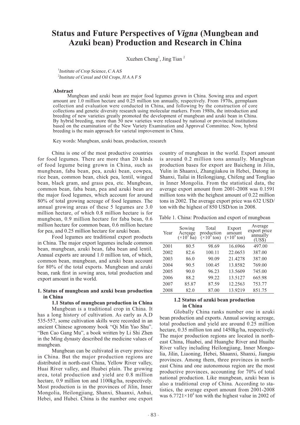 (Mungbean and Azuki Bean) Production and Research in China