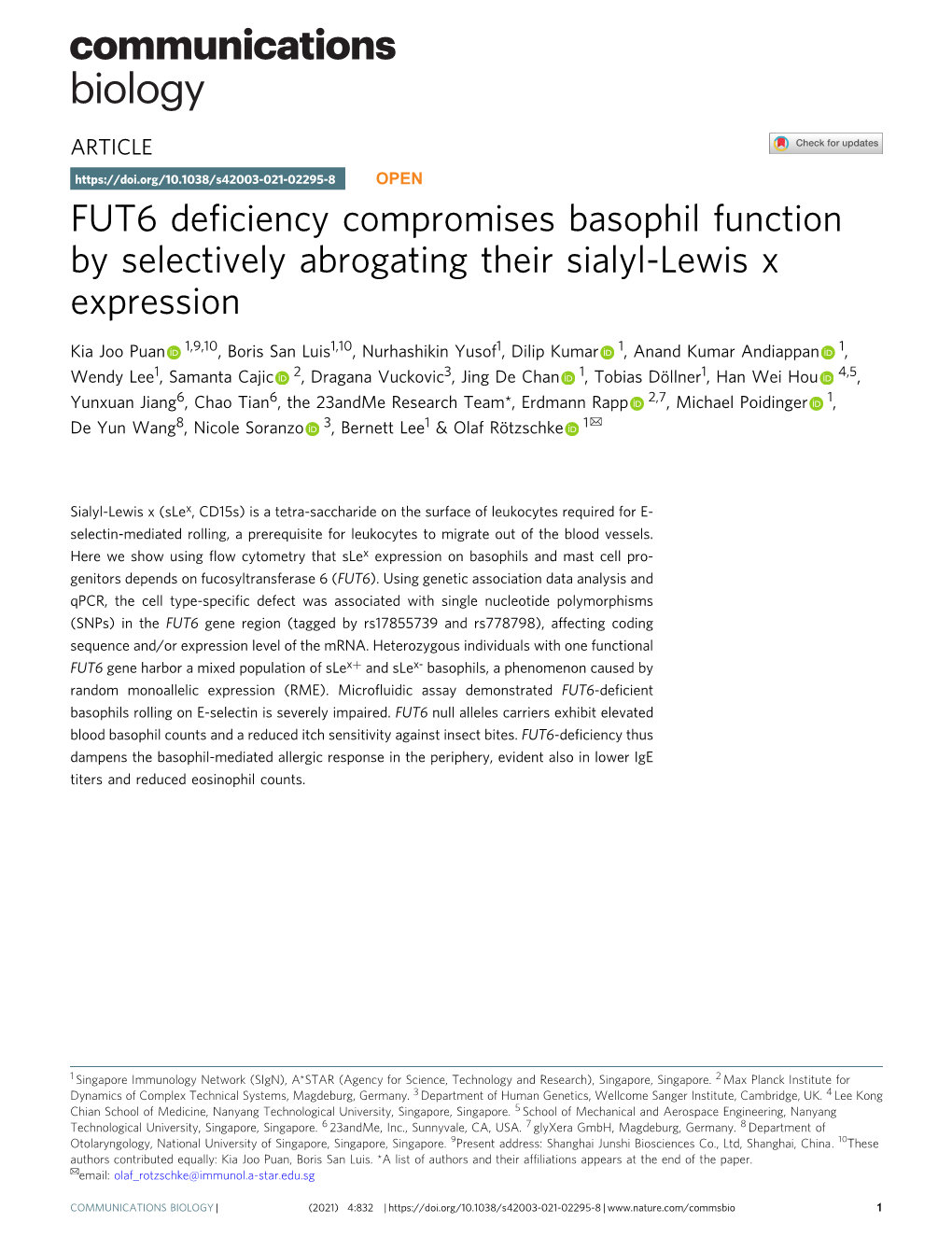 FUT6 Deficiency Compromises Basophil Function by Selectively