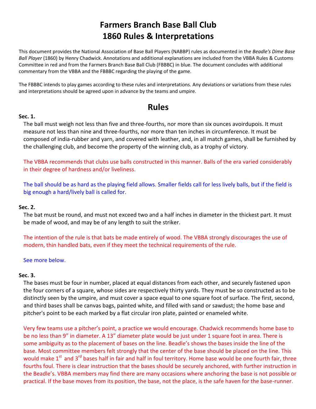 Farmers Branch Base Ball Club 1860 Rules & Interpretations