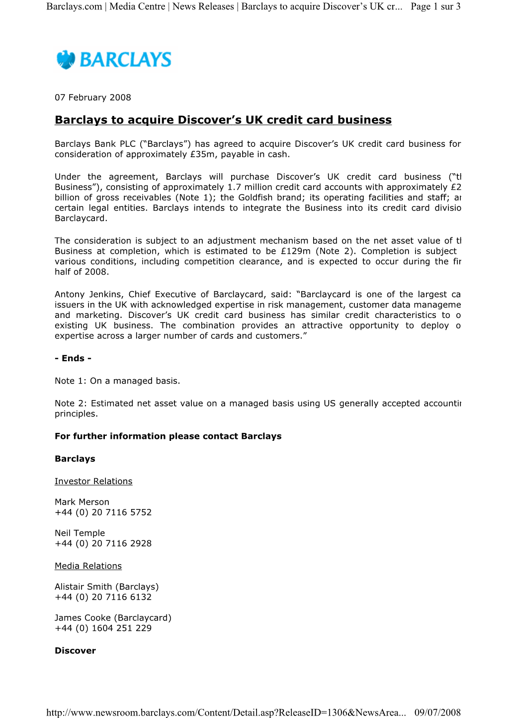 Barclays to Acquire Discover's UK Credit Card Business