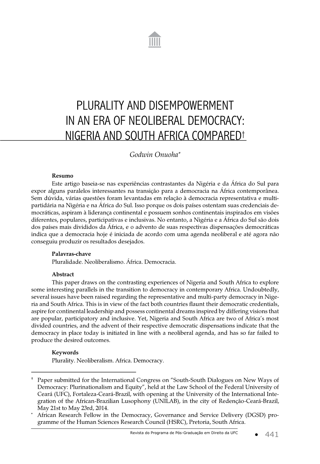 Plurality and Disempowerment in an Era of Neoliberal Democracy: Nigeria and South Africa Compared†