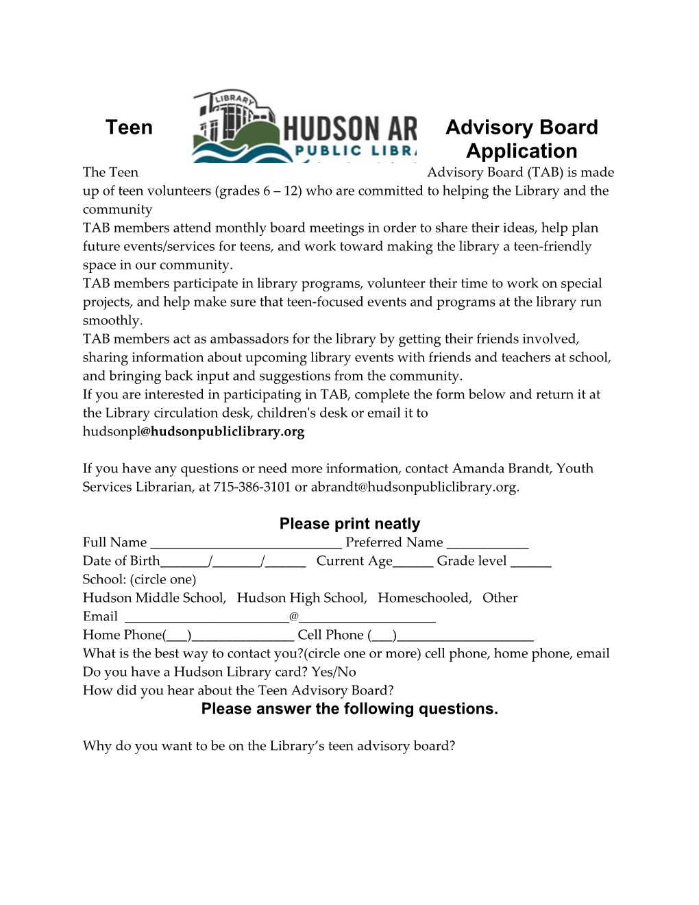 Teen Advisory Board Application