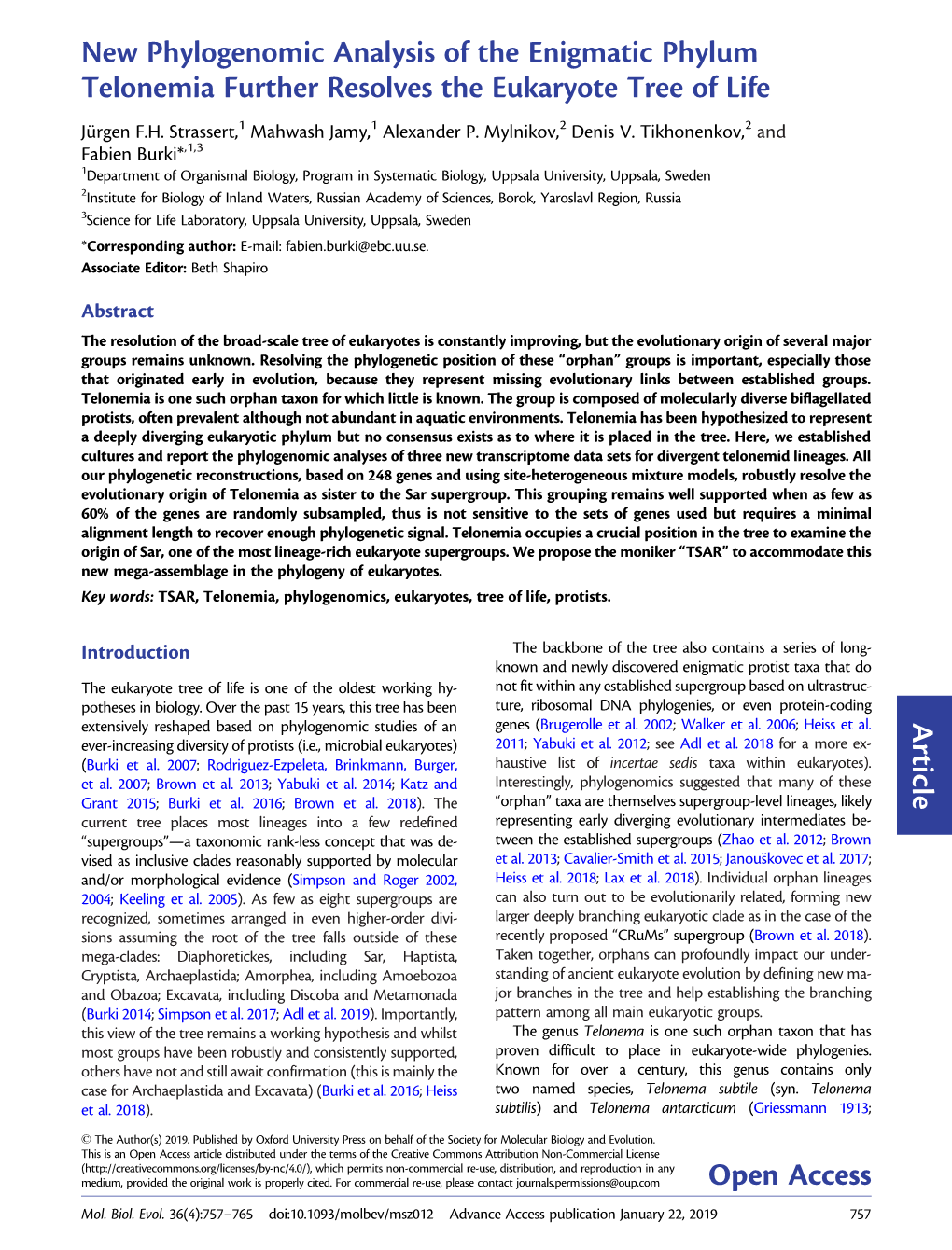 New Phylogenomic Analysis of the Enigmatic Phylum Telonemia Further Resolves the Eukaryote Tree of Life Article Open Access