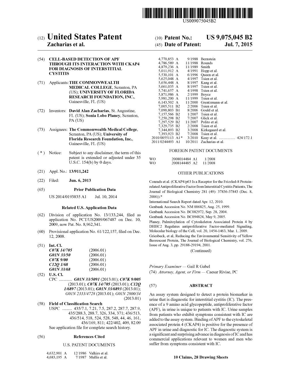 (12) United States Patent (10) Patent No.: US 9,075,045 B2 Zacharias Et Al