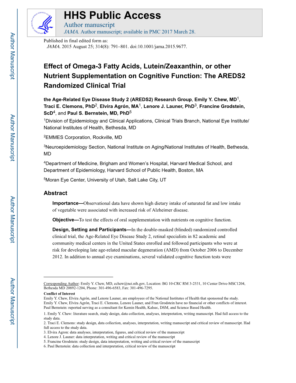 Effect of Omega-3 Fatty Acids, Lutein/Zeaxanthin, Or Other Nutrient Supplementation on Cognitive Function: the AREDS2 Randomized Clinical Trial
