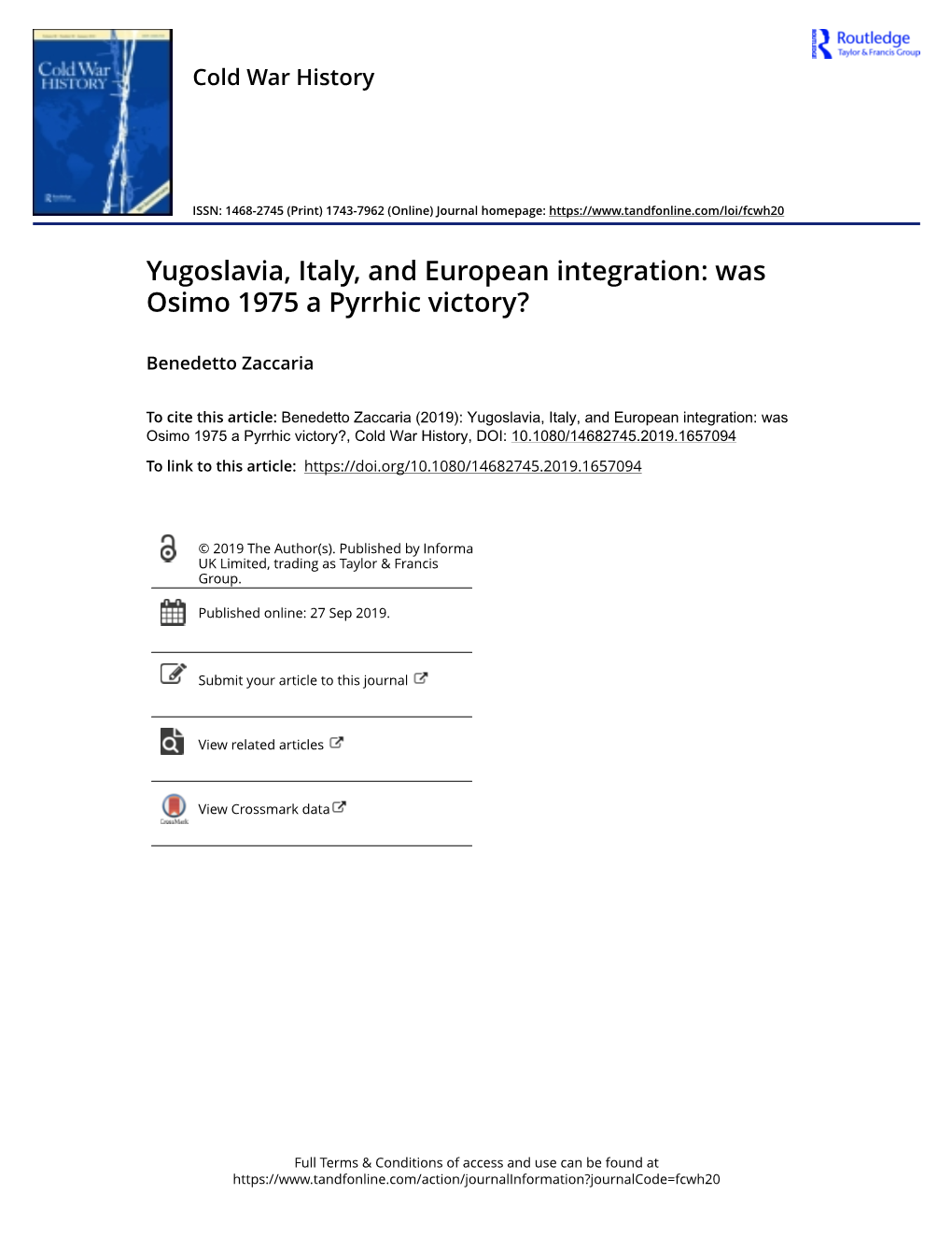 Yugoslavia, Italy, and European Integration: Was Osimo 1975 a Pyrrhic Victory?