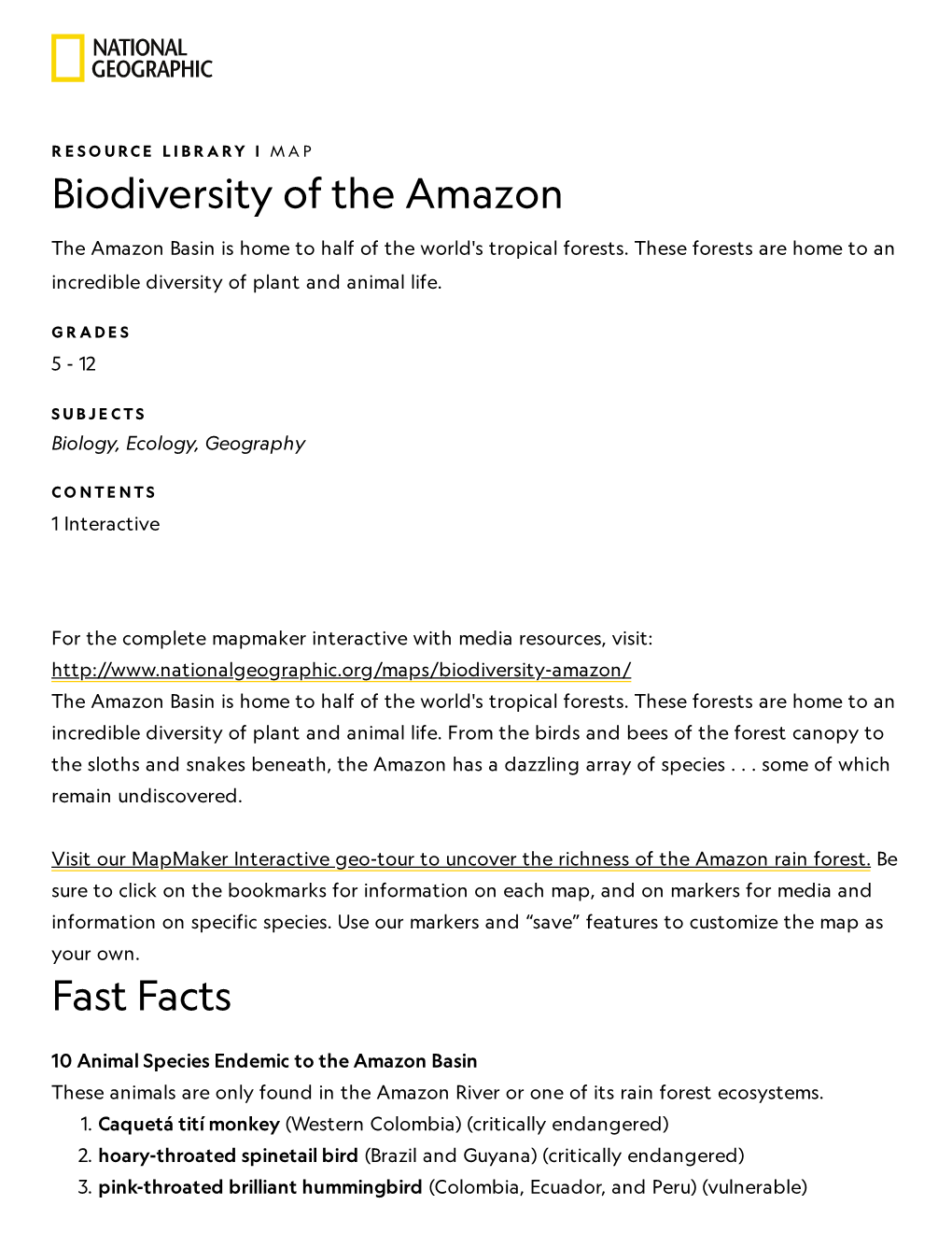 Biodiversity of the Amazon Fast Facts