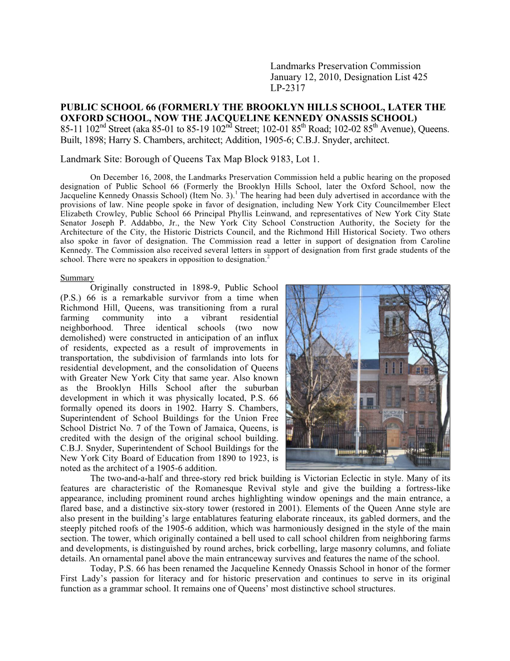 Landmarks Preservation Commission January 12, 2010, Designation List 425 LP-2317