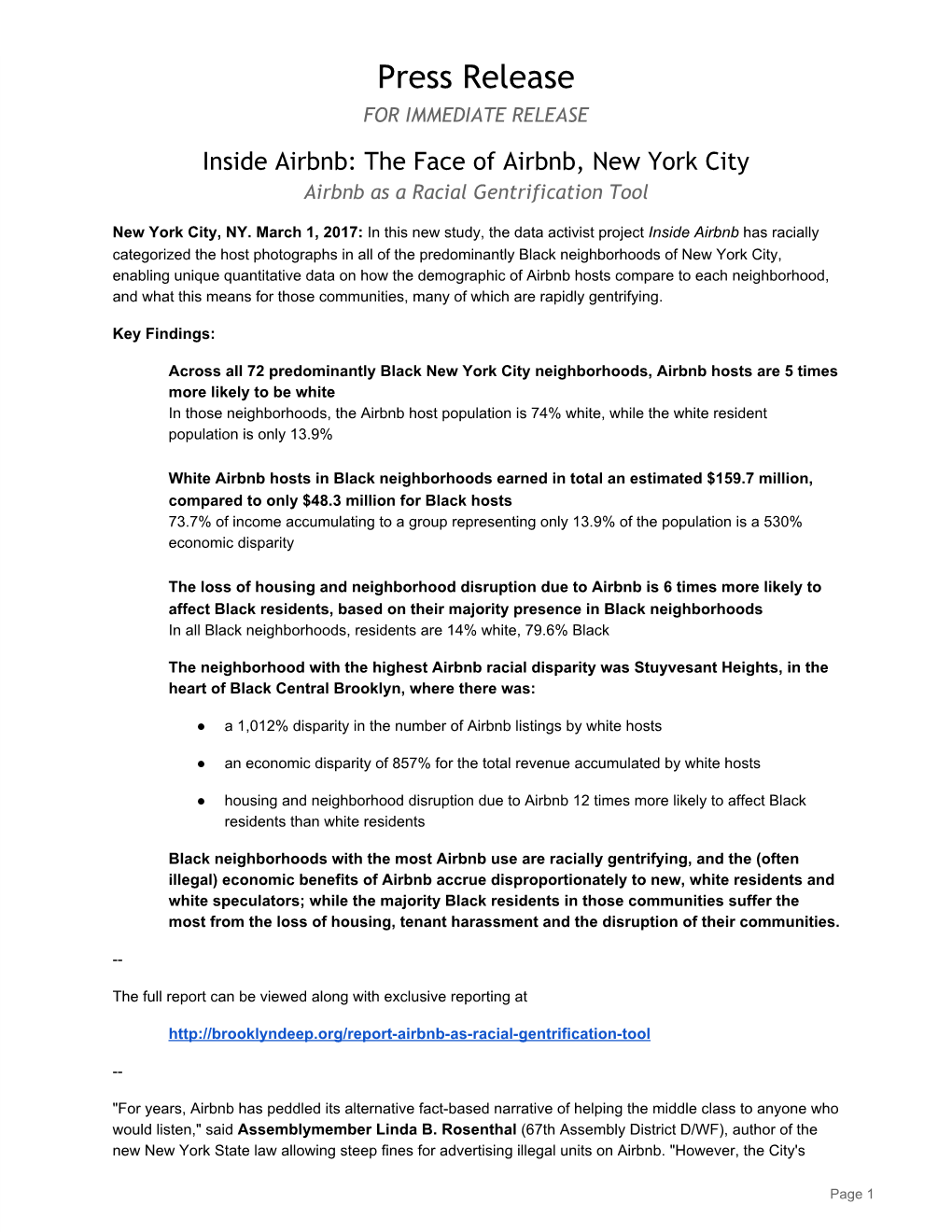 Press Release for IMMEDIATE RELEASE Inside Airbnb: the Face of Airbnb, New York City Airbnb As a Racial Gentrification Tool