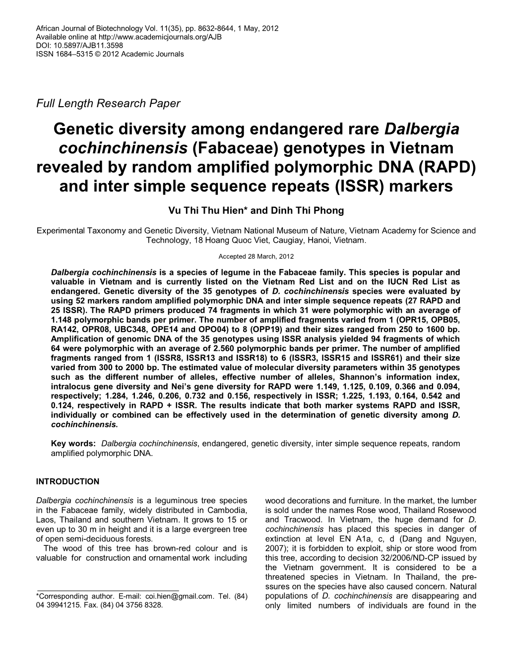 Genetic Diversity Among Endangered Rare Dalbergia Cochinchinensis
