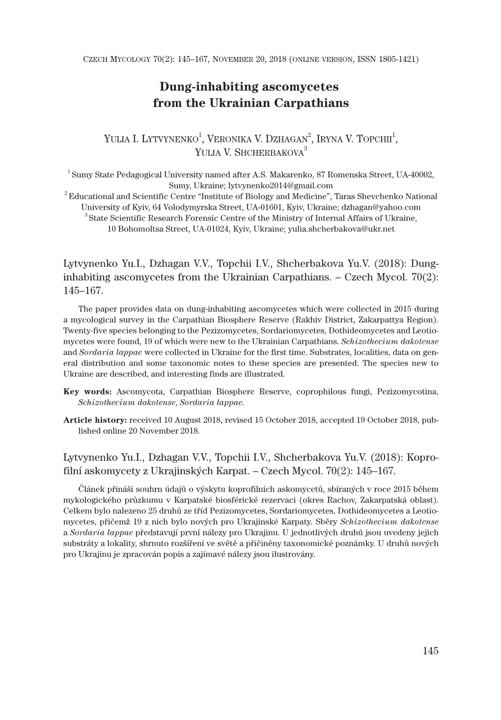 Dung-Inhabiting Ascomycetes from the Ukrainian Carpathians