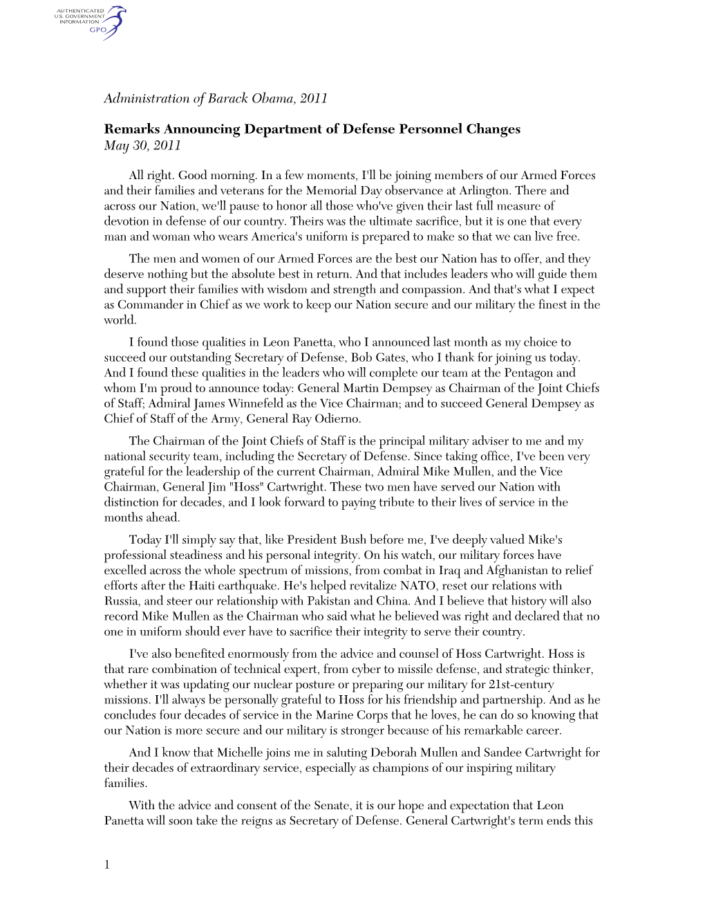 Administration of Barack Obama, 2011 Remarks Announcing Department