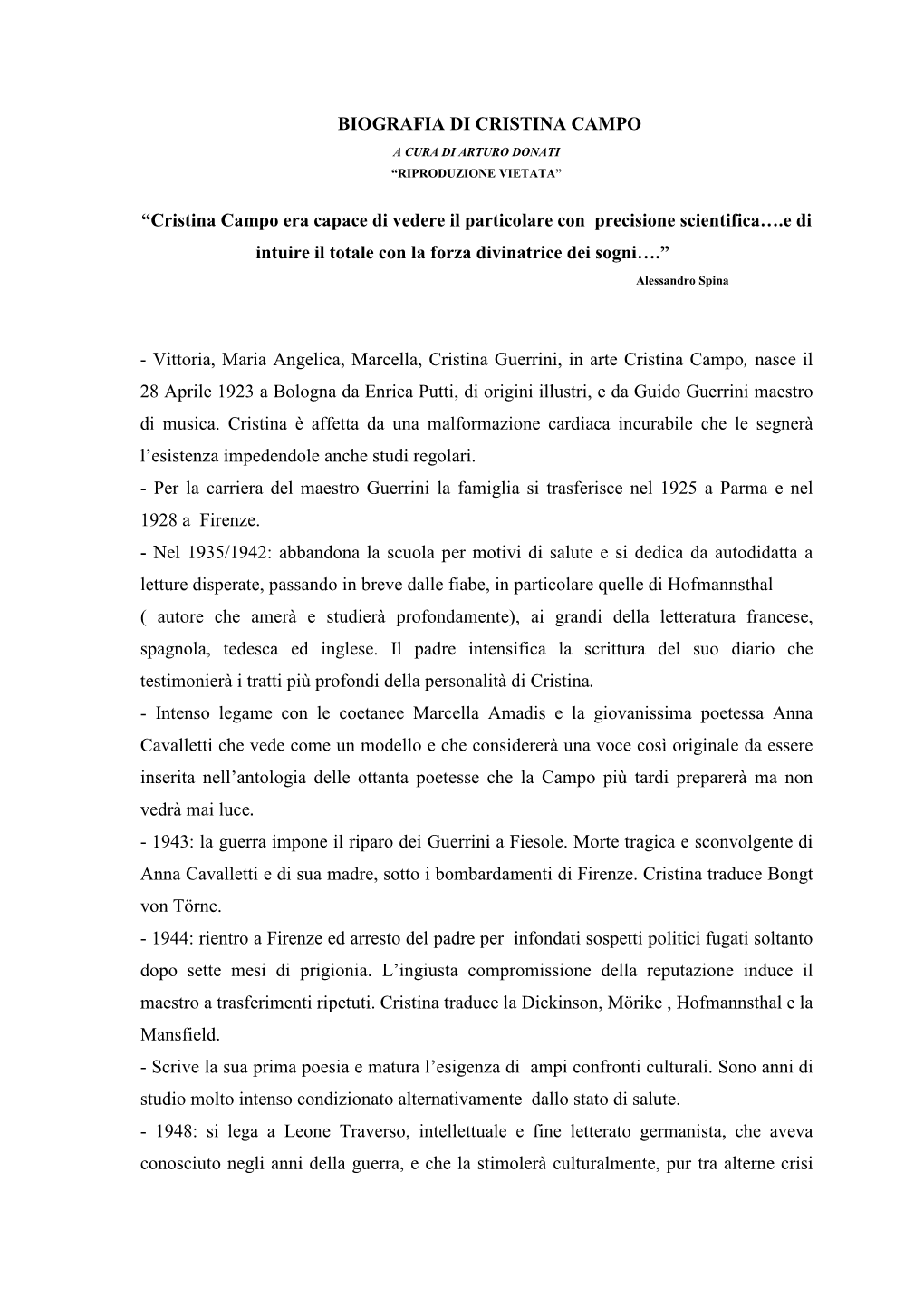 Biografia Di Cristina Campo a Cura Di Arturo Donati “Riproduzione Vietata”