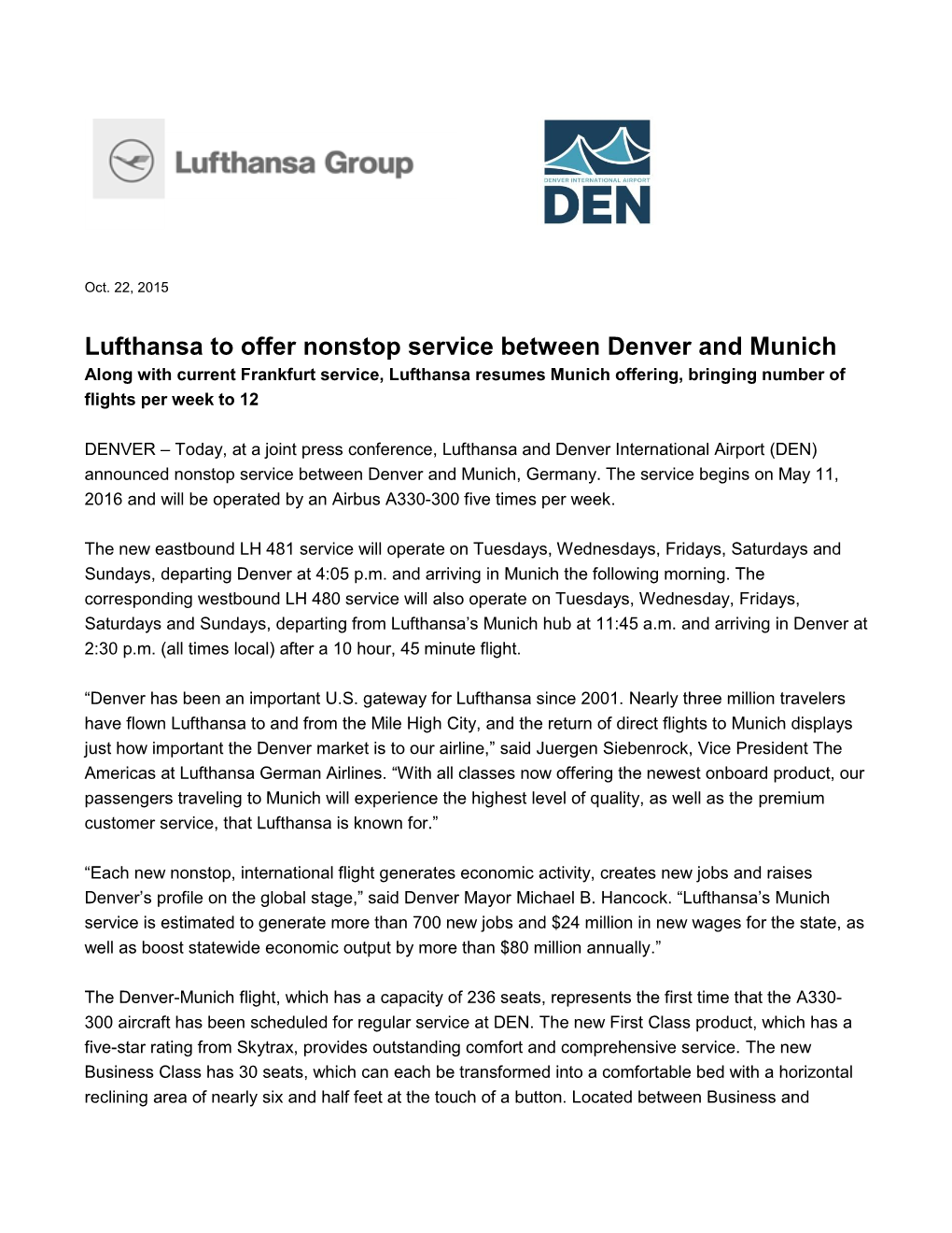 Lufthansa to Offer Nonstop Service Between Denver and Munich