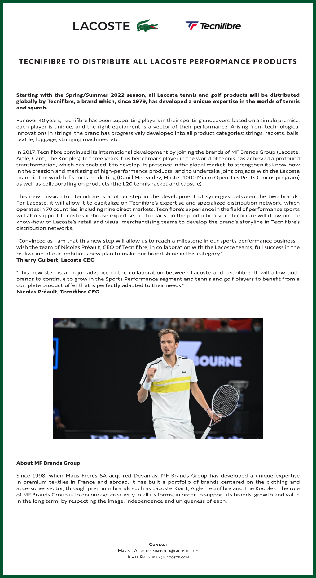 Tecnifibre to Distribute All Lacoste Performance Products