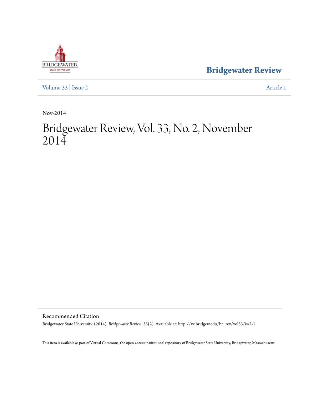 Bridgewater Review, Vol. 33, No. 2, November 2014