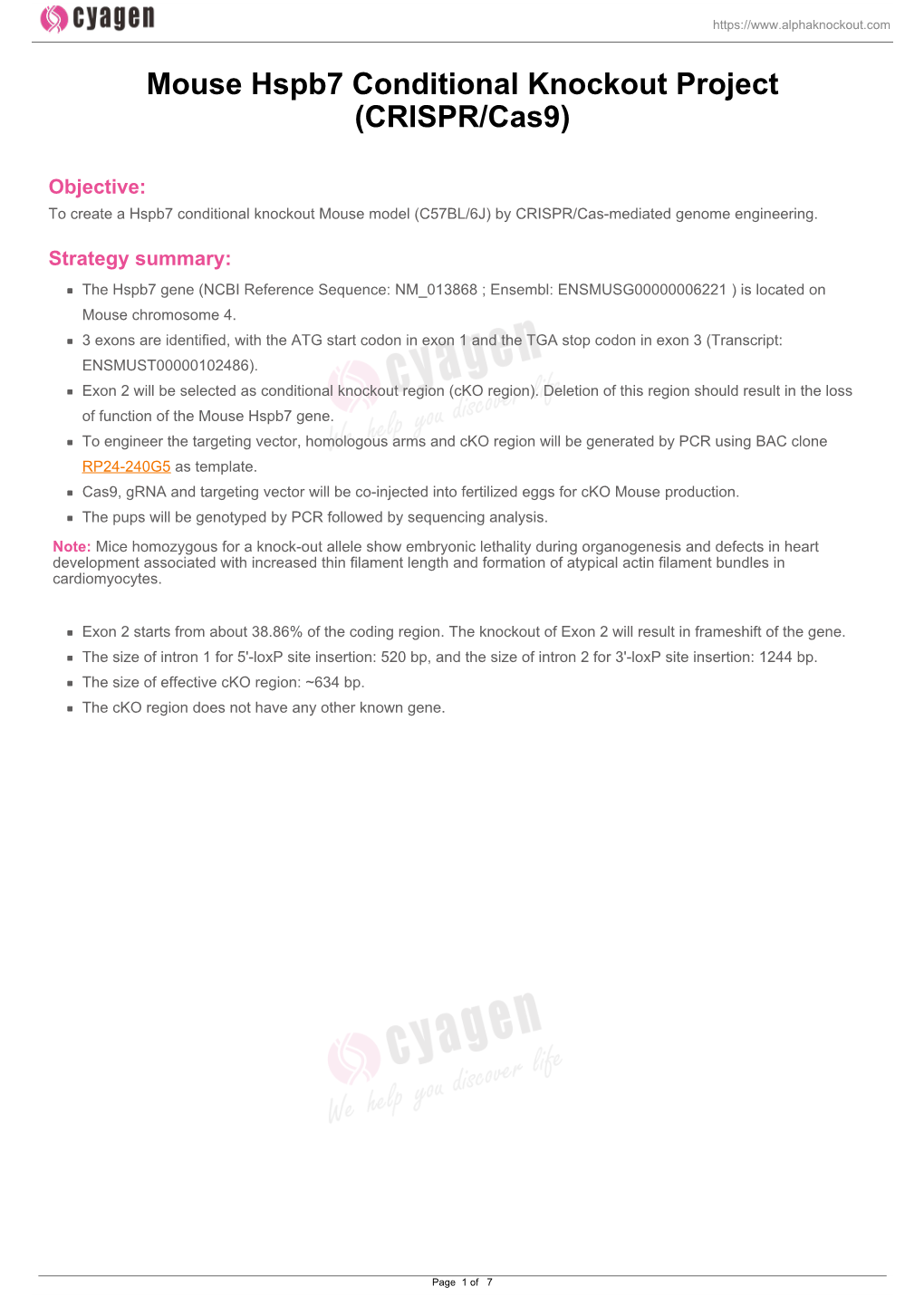 Mouse Hspb7 Conditional Knockout Project (CRISPR/Cas9)