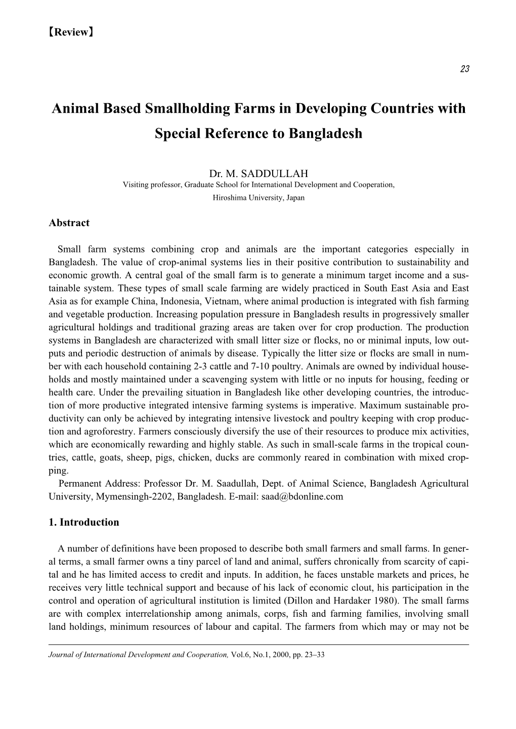 Animal Based Smallholding Farms in Developing Countries with Special Reference to Bangladesh