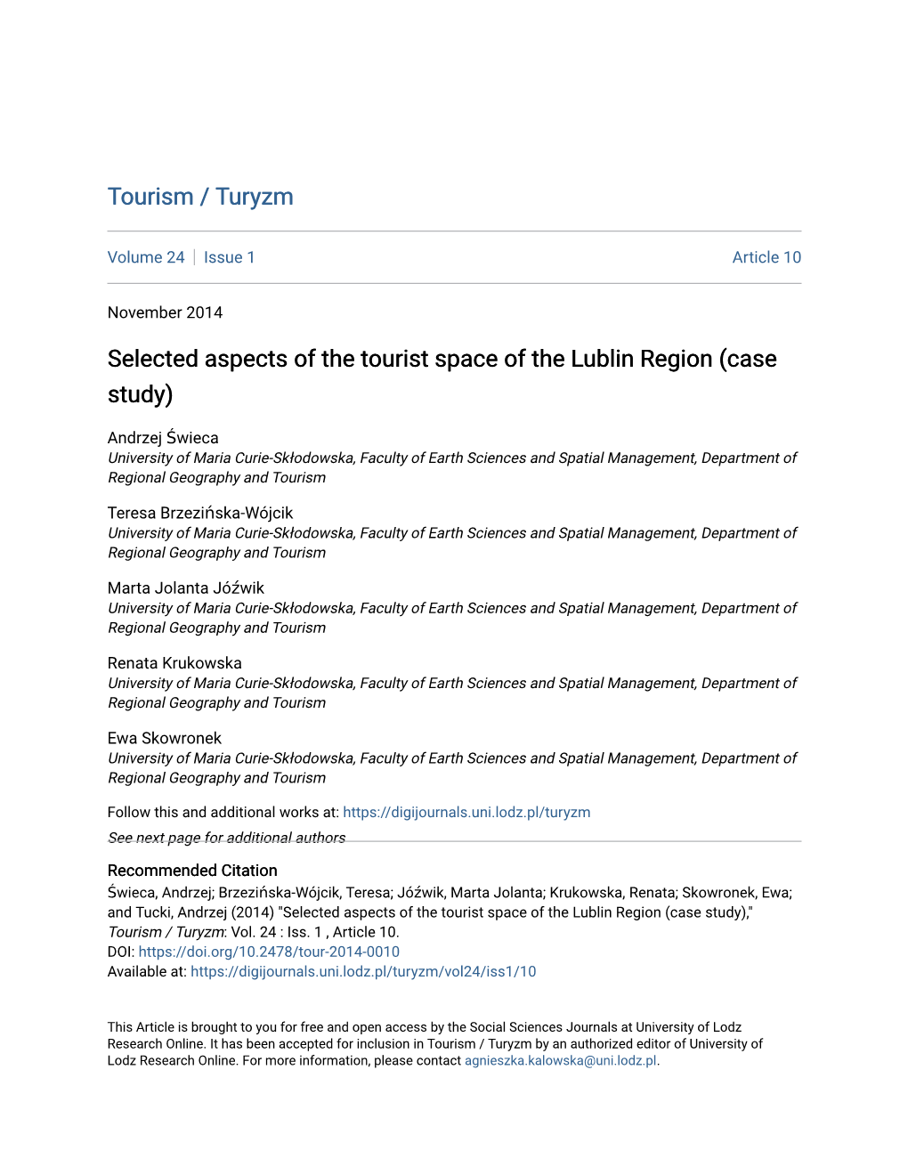 Selected Aspects of the Tourist Space of the Lublin Region (Case Study)