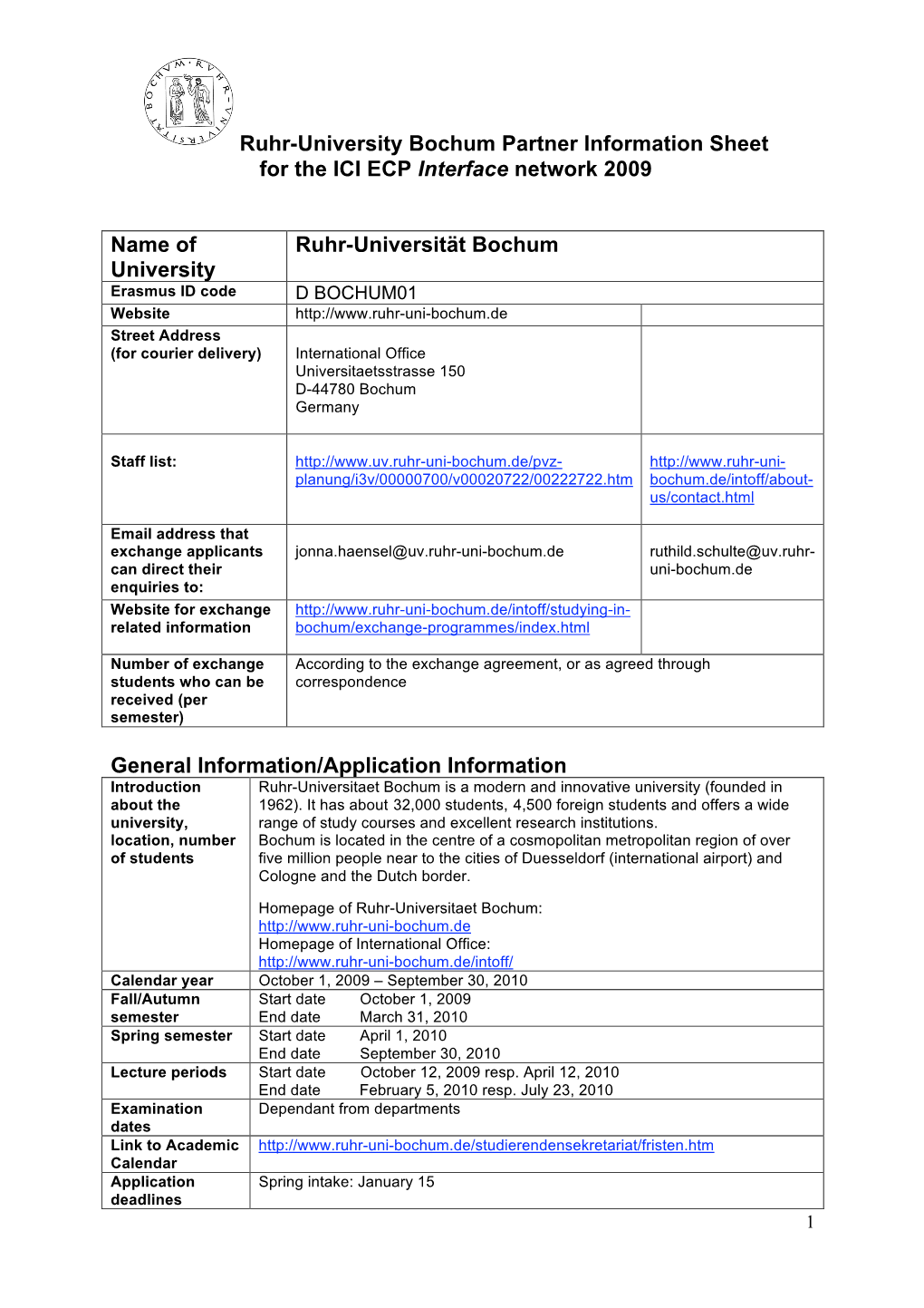 Ruhr-University Bochum Partner Information Sheet for the ICI ECP Interface Network 2009