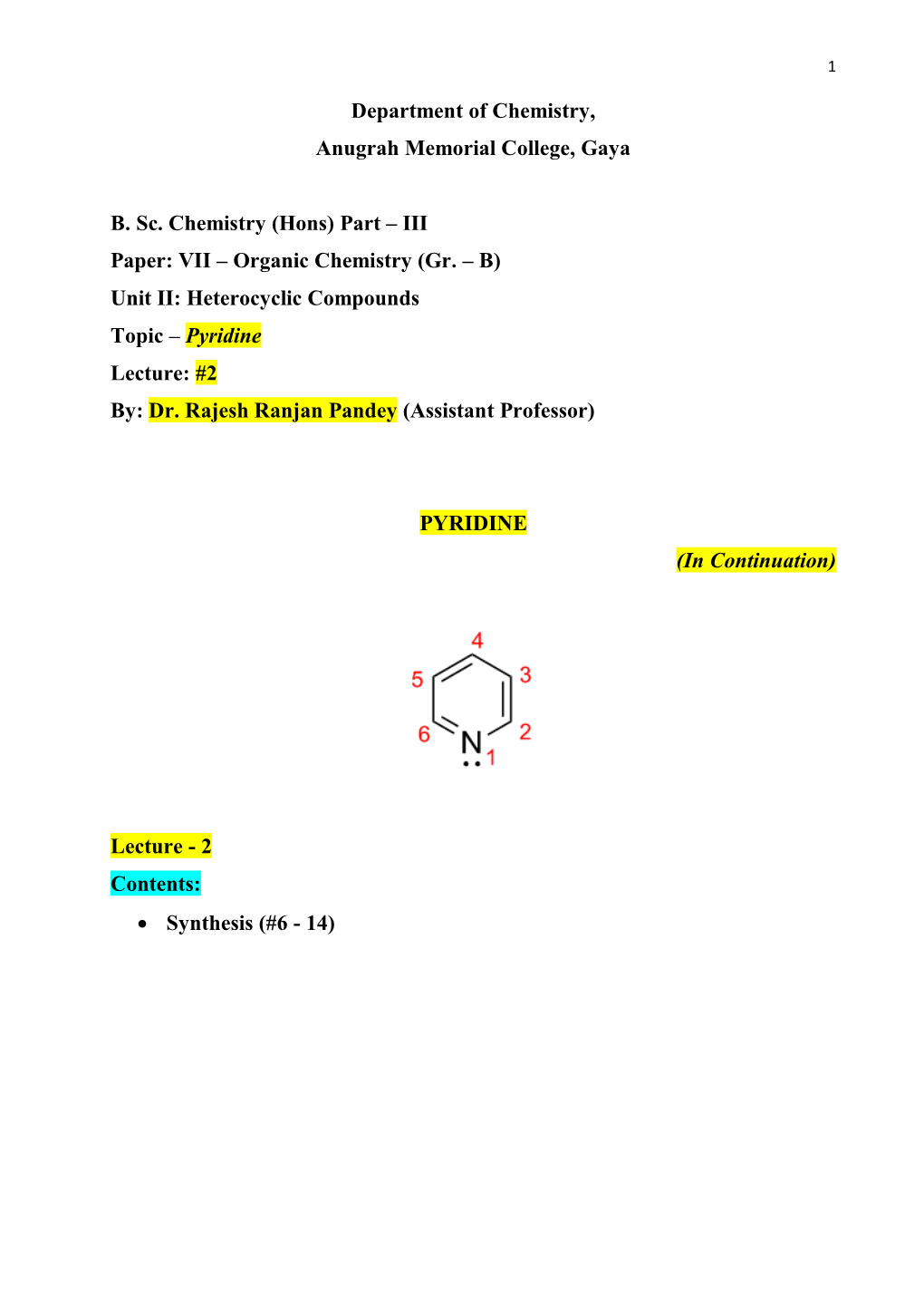 (Hons) Part – III Paper: VII – Organic Chemistry (Gr