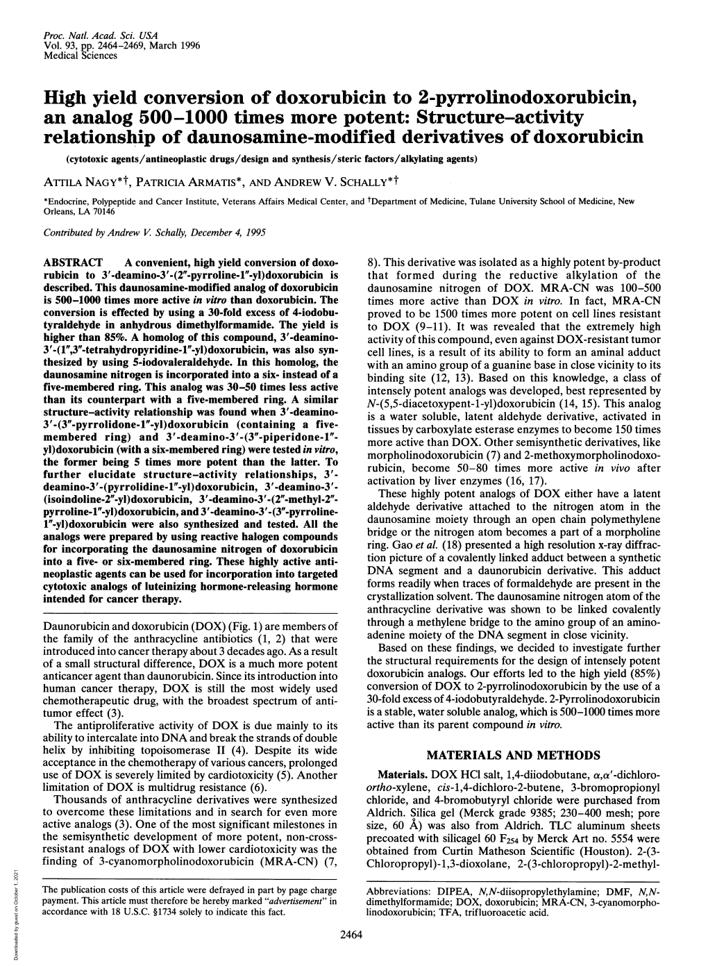 High Yield Conversion of Doxorubicin to 2-Pyrrolinodoxorubicin