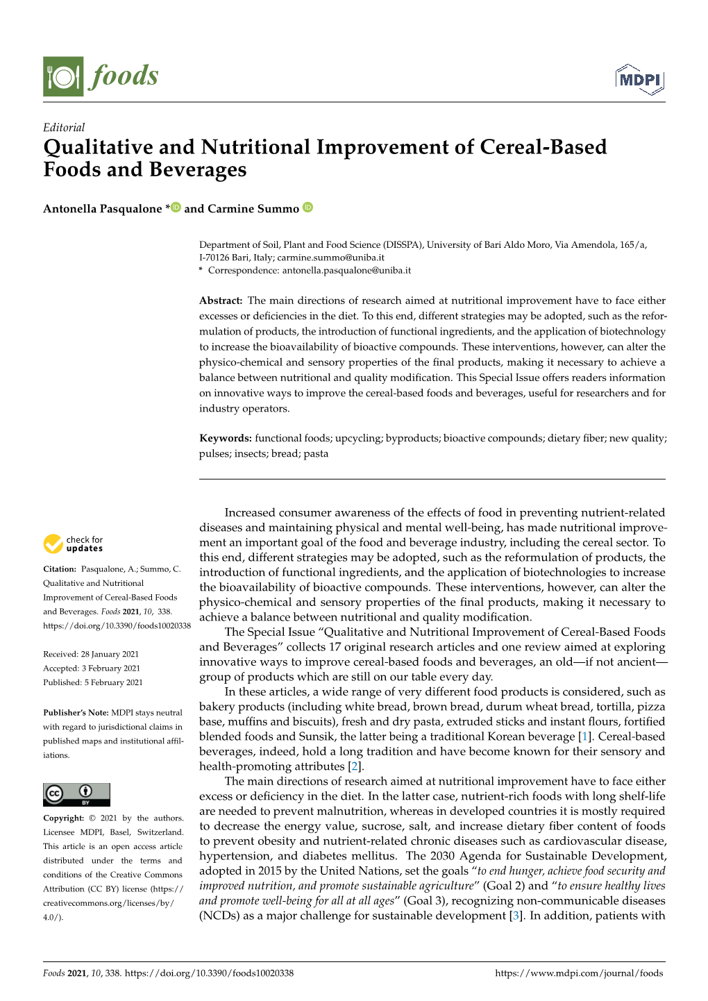 Qualitative and Nutritional Improvement of Cereal-Based Foods and Beverages