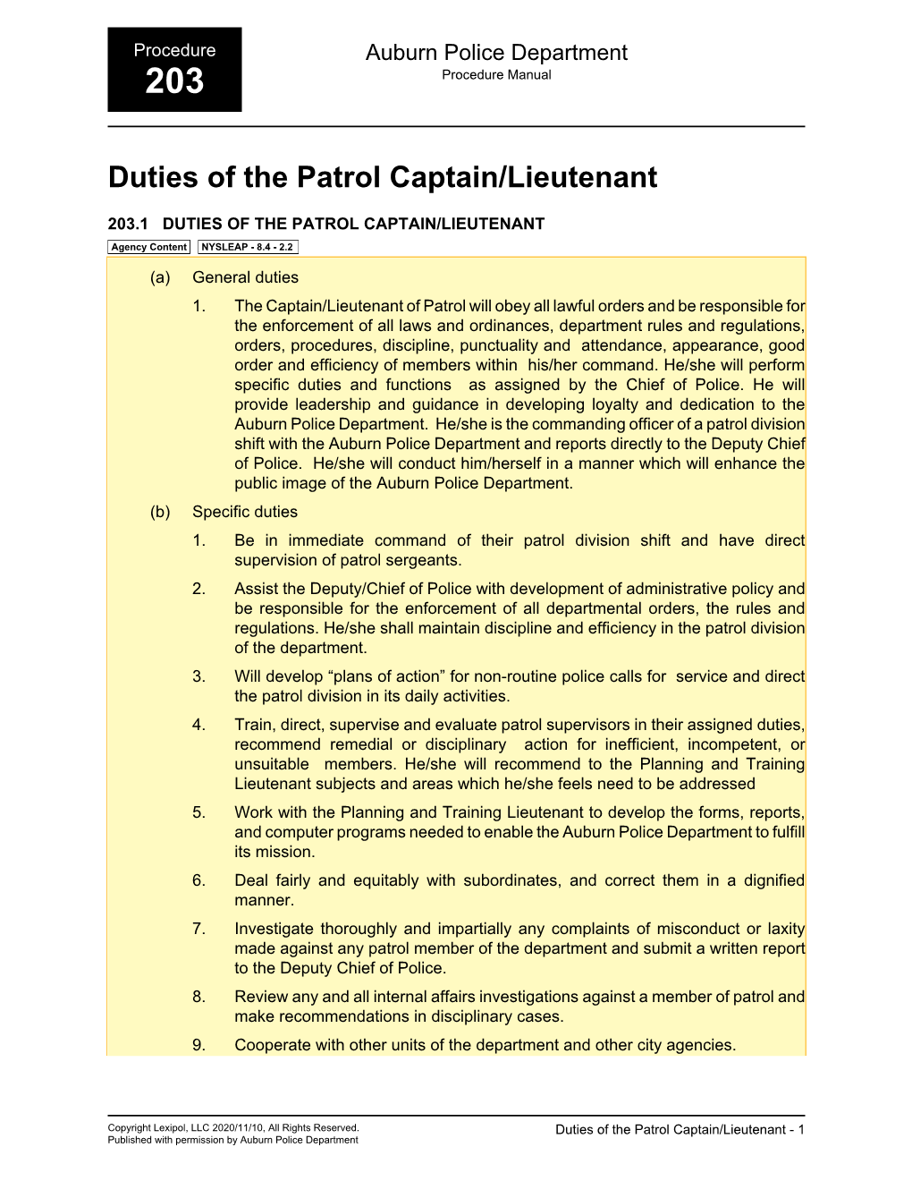 Duties of the Patrol Captain/Lieutenant