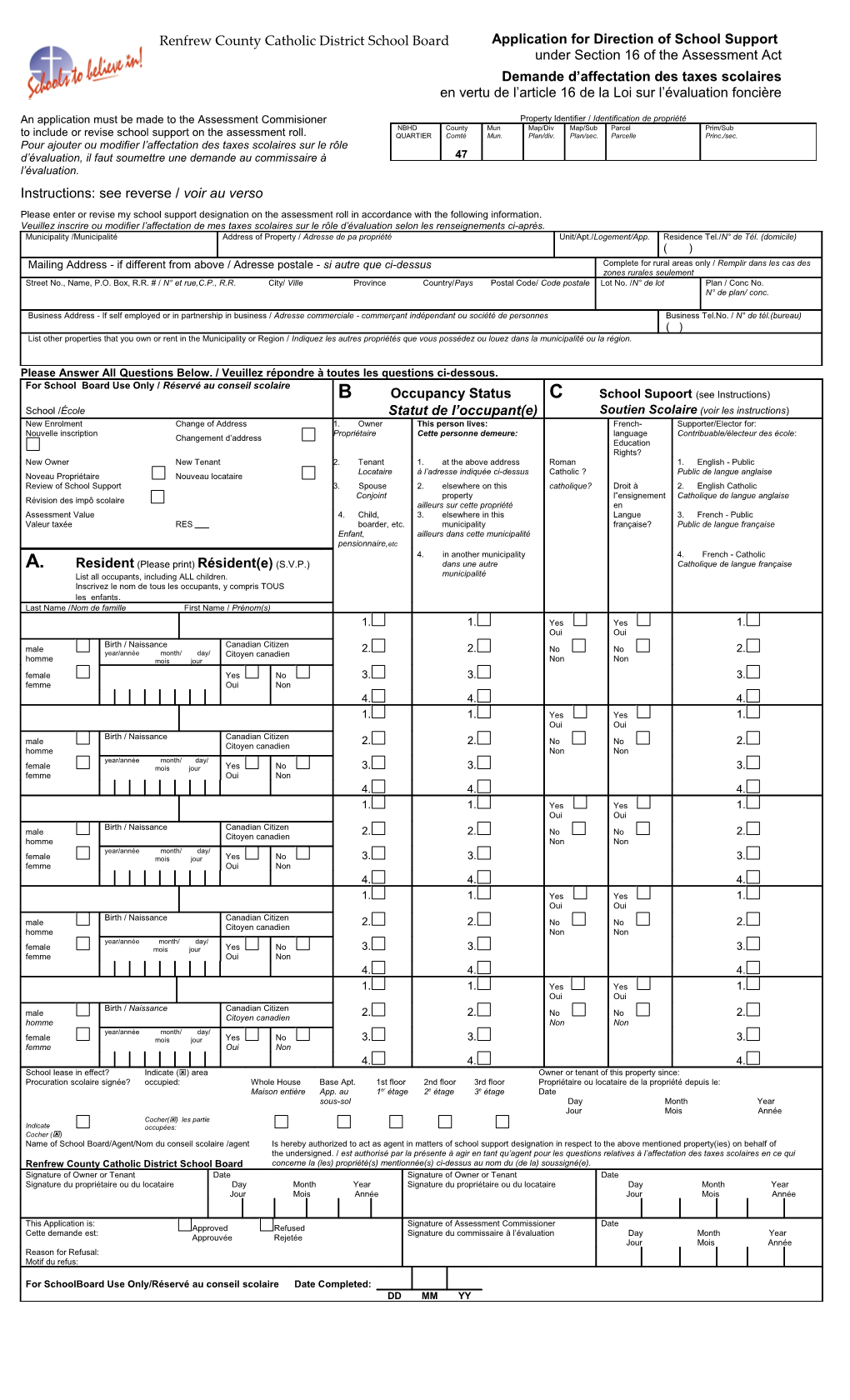 Application for Direction of School Support