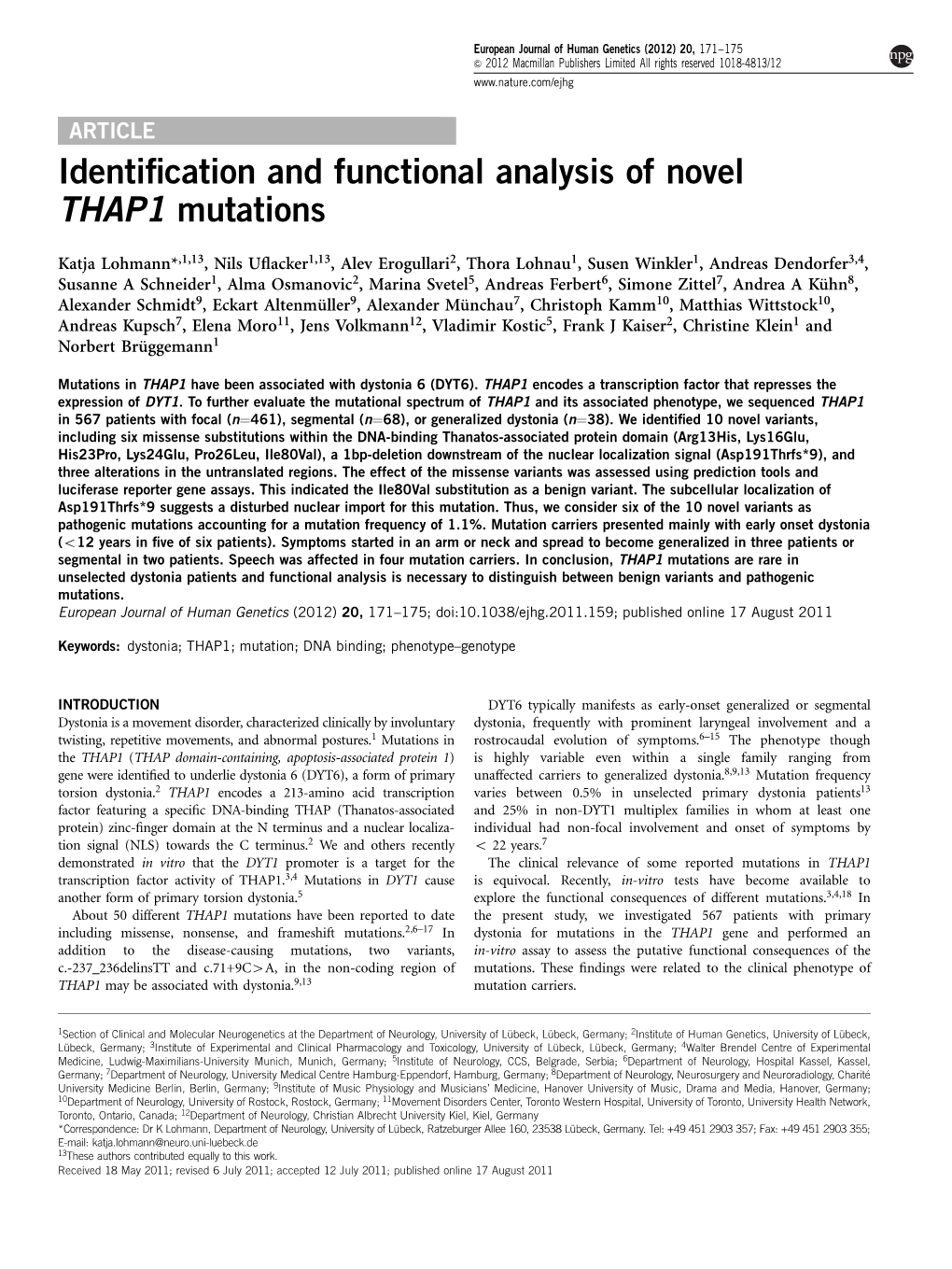 Identification and Functional Analysis of Novel THAP1 Mutations