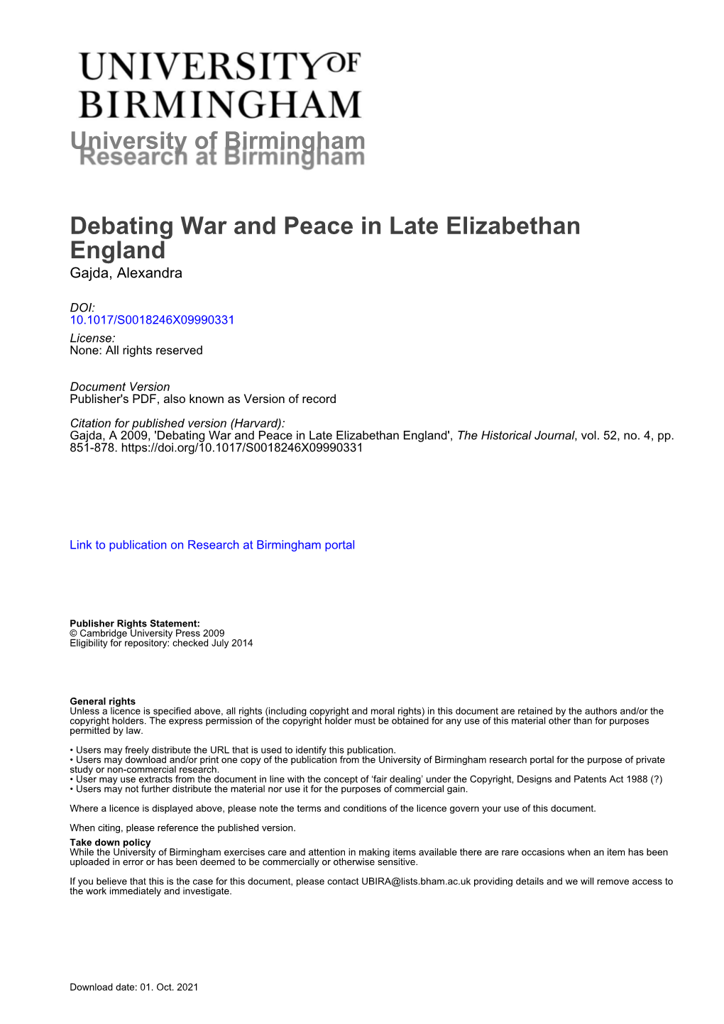 Debating War and Peace in Late Elizabethan England Gajda, Alexandra