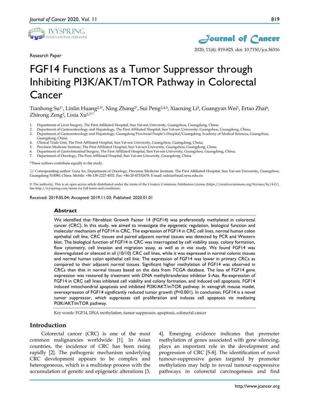 FGF14 Functions As a Tumor Suppressor Through Inhibiting PI3K
