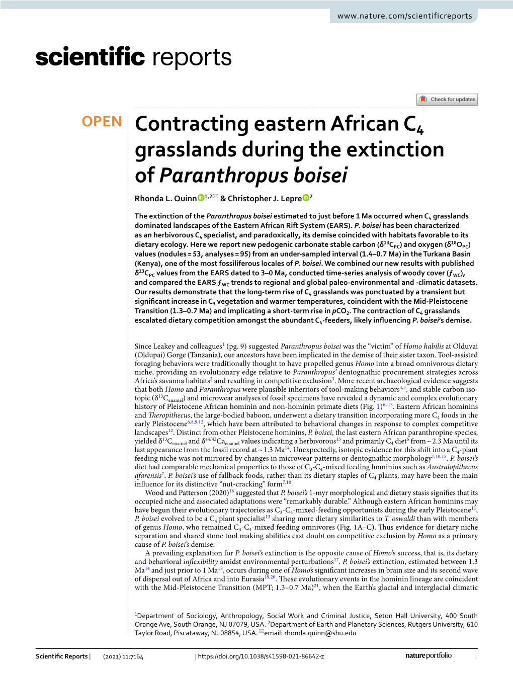 Contracting Eastern African C4 Grasslands During the Extinction of Paranthropus Boisei