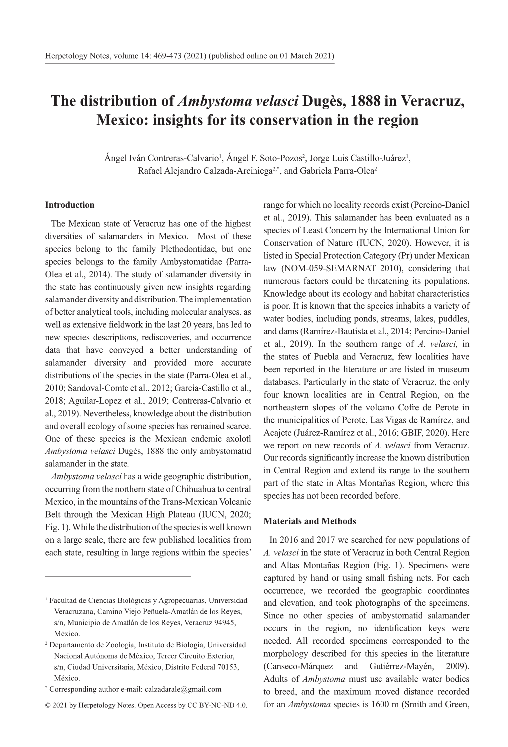 The Distribution of Ambystoma Velasci Dugès, 1888 in Veracruz, Mexico: Insights for Its Conservation in the Region