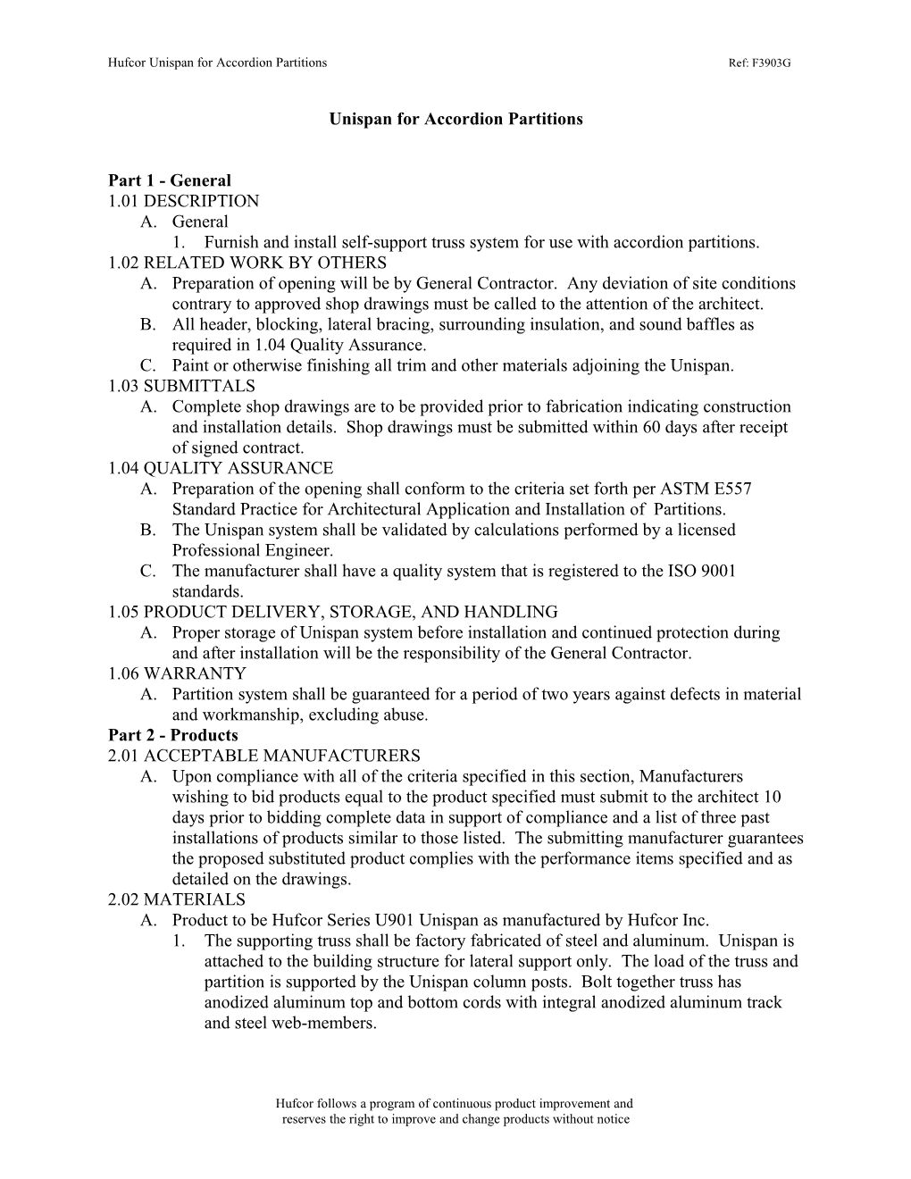 Unispan for Operable Partitions Specifications