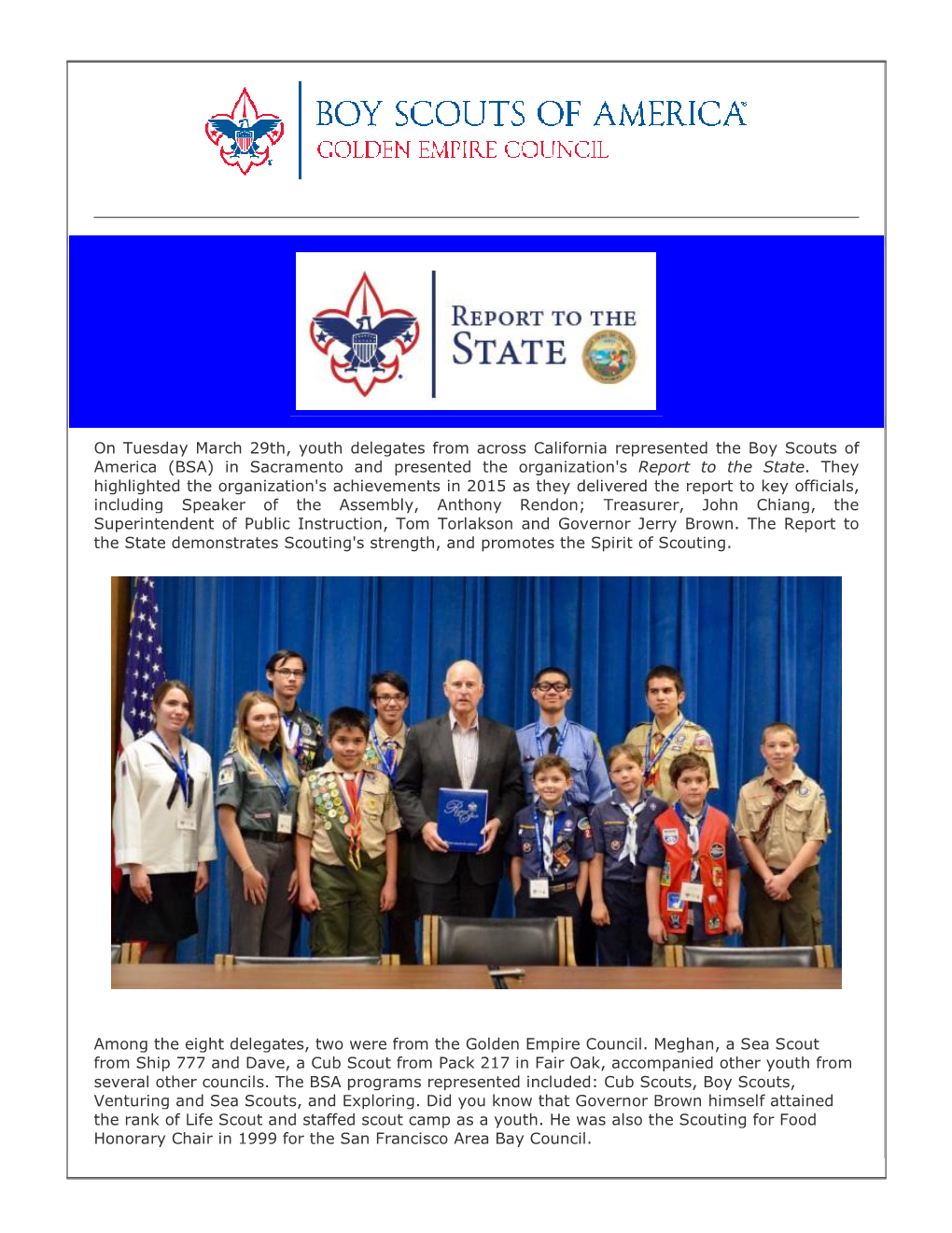BSA) in Sacramento and Presented the Organization's Report to the State