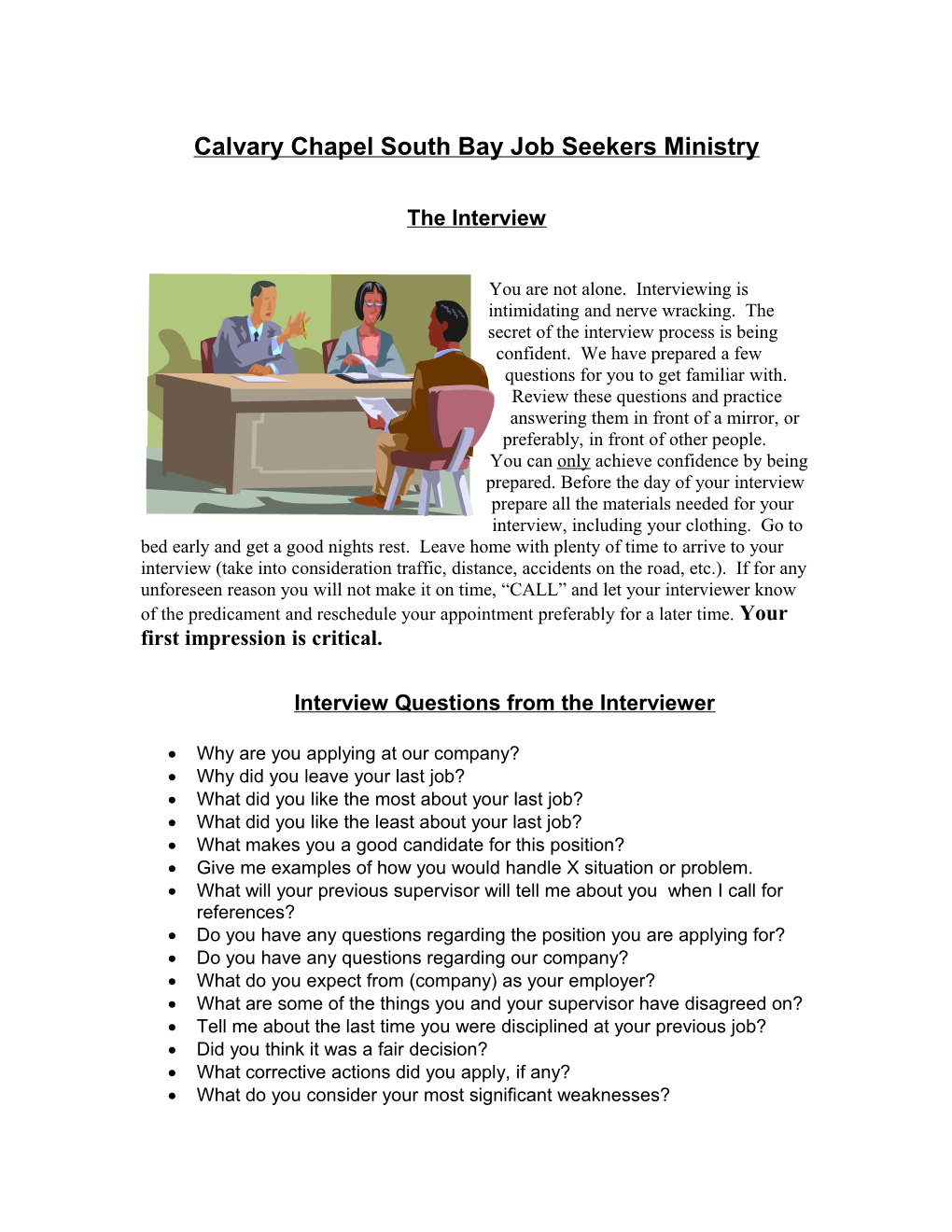 Calvary Chapel South Bay Job Seekers Ministry