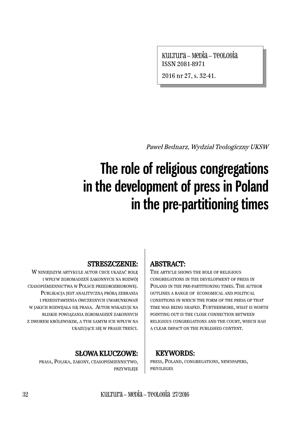 The Role of Religious Congregations in the Development of Press in Poland in the Pre-Partitioning Times