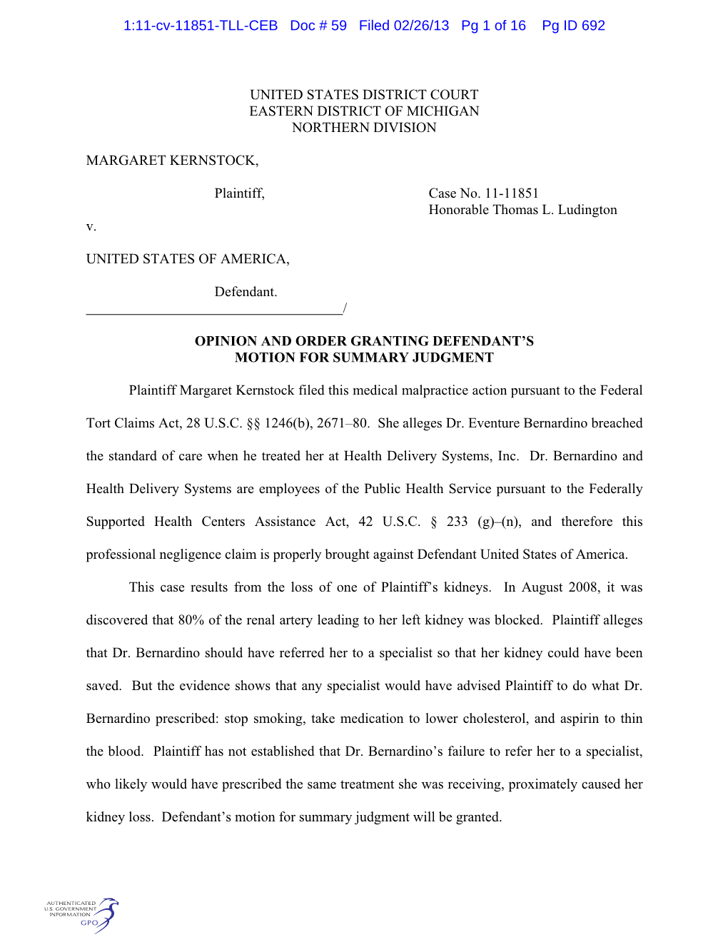 1:11-Cv-11851-TLL-CEB Doc # 59 Filed 02/26/13 Pg 1 of 16 Pg ID 692