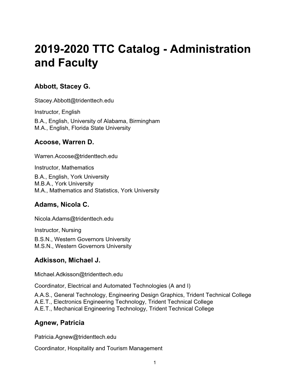 2019-2020 TTC Catalog - Administration and Faculty