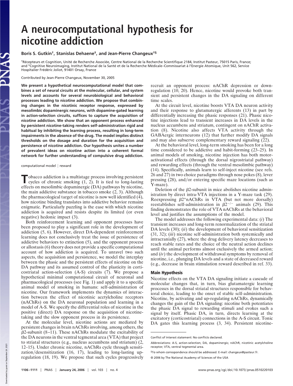 A Neurocomputational Hypothesis for Nicotine Addiction