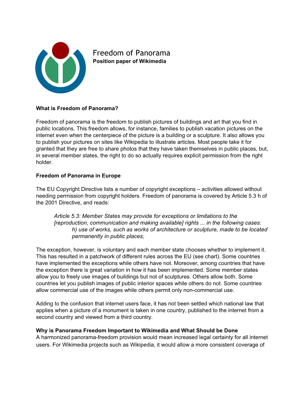 Freedom of Panorama Position Paper of Wikimedia