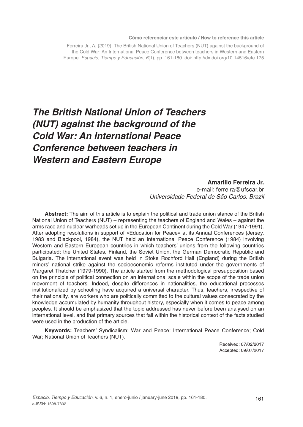 The British National Union of Teachers (NUT) Against the Background of the Cold War: an International Peace Conference Between Teachers in Western and Eastern Europe