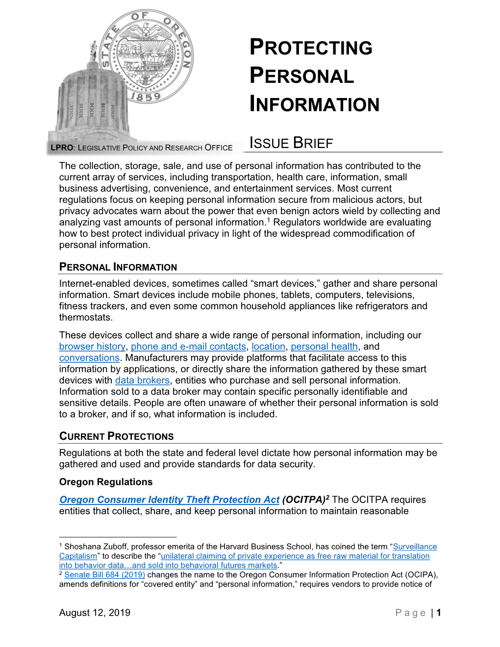 ISSUE BRIEF OFFICE Safeguards to Ensure the Security, Confidentiality, and Integrity of Personal Information