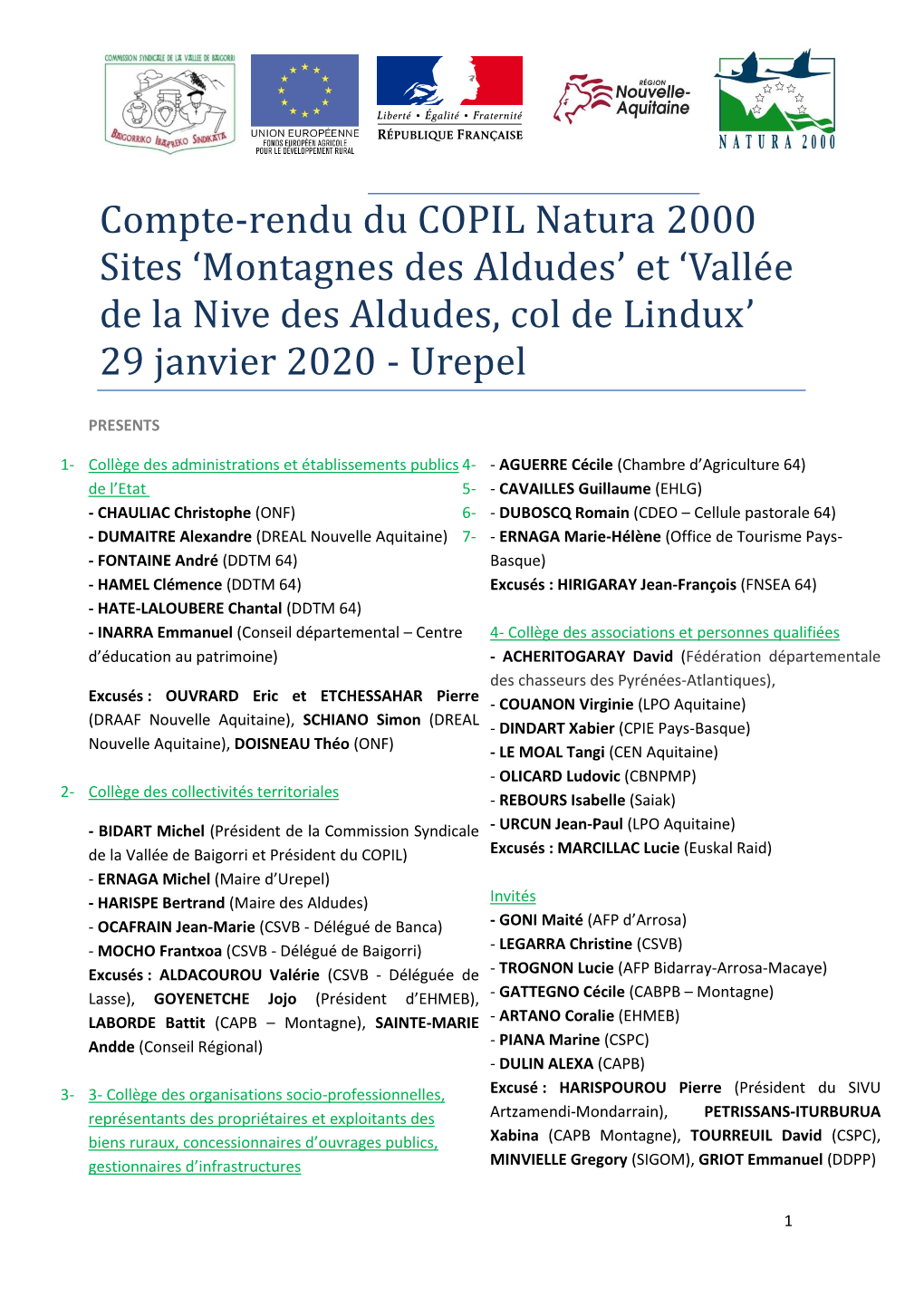 Compte-Rendu Du COPIL Natura 2000 Sites 'Montagnes Des Aldudes' Et