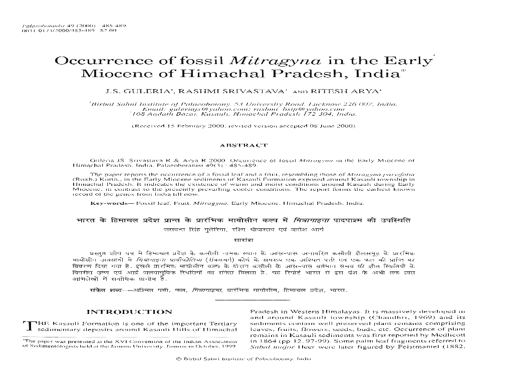 Occurrence of Fossil Mitragyna in the Early' Miocene of Himachal Pradesh, India*